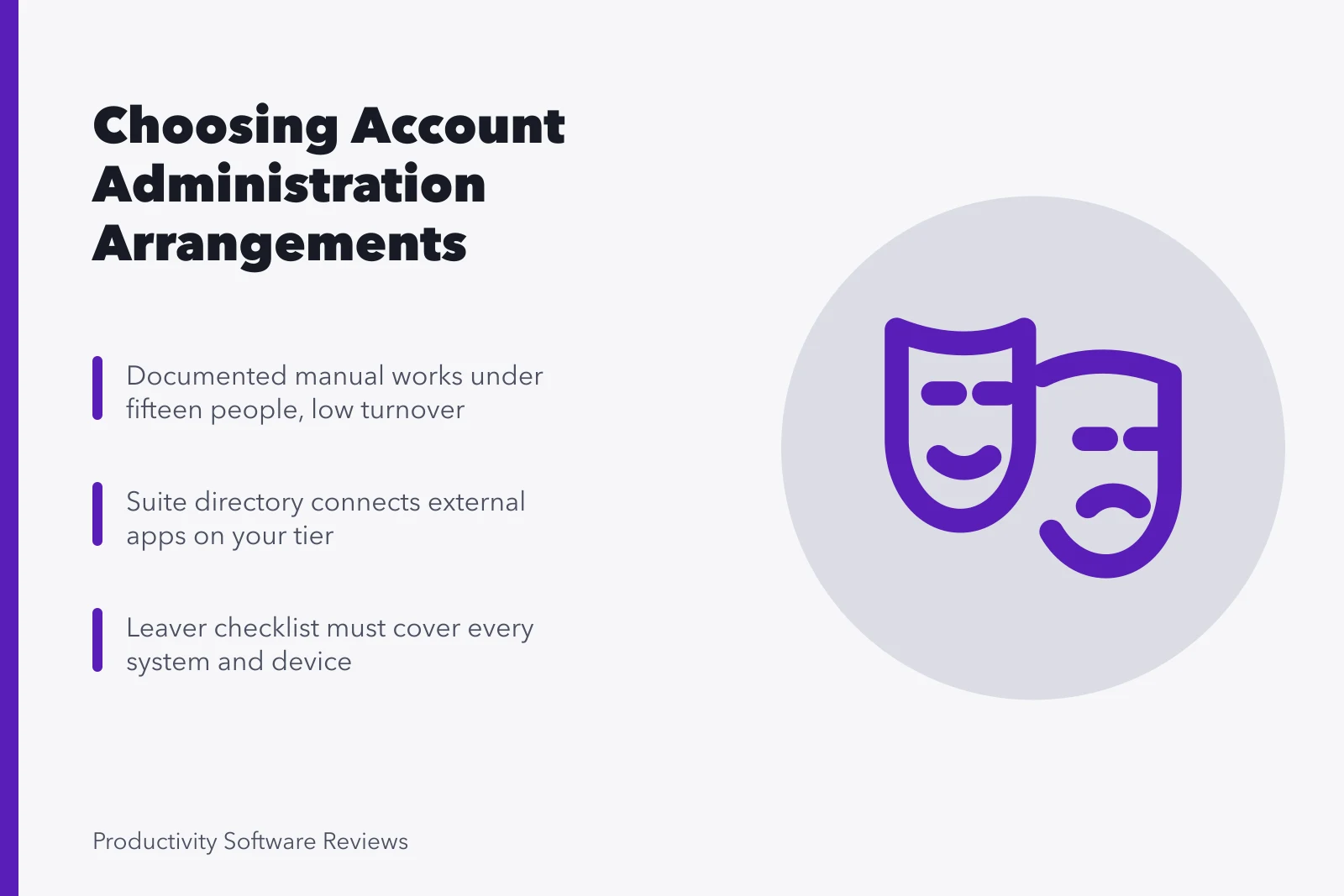 Comparison of manual, suite directory, and password manager account administration options. Getting account administration alternatives right the first time