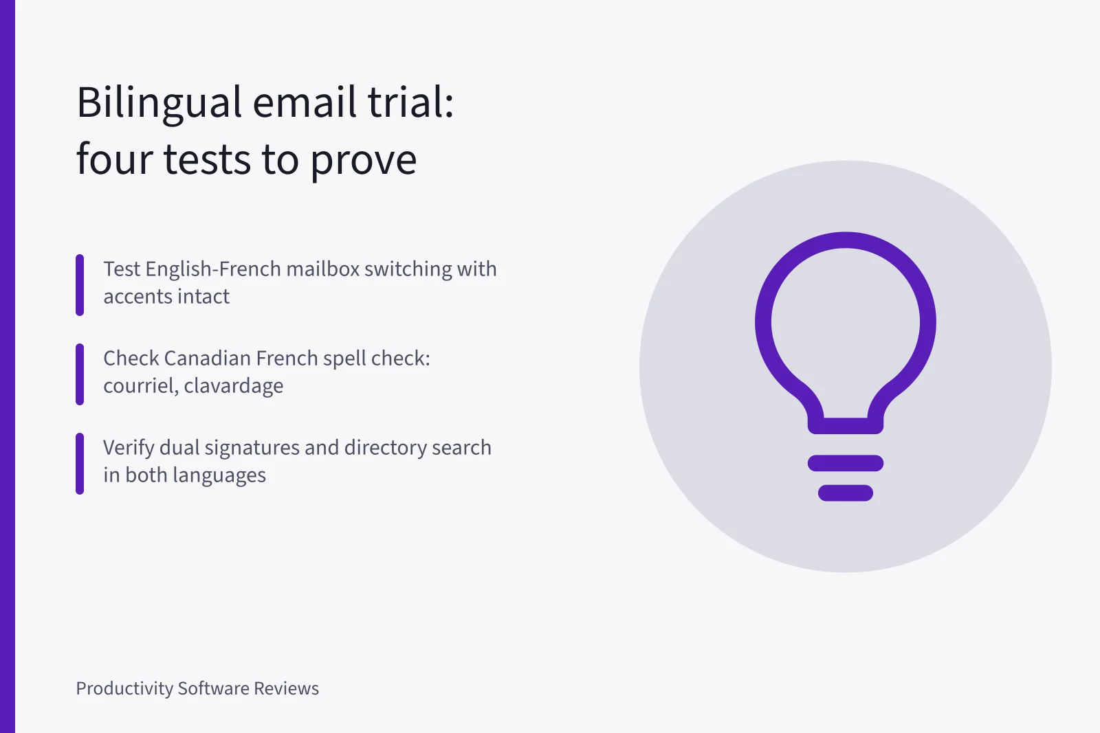 Card listing four bilingual email software trial tests for Canada. Bilingual email software in Canada: what a real trial must prove