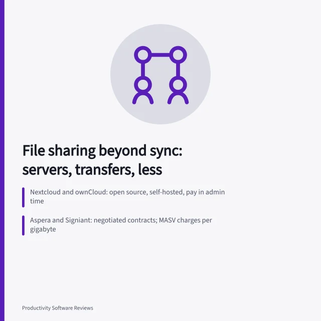 Comparison card of file sharing alternatives: self-hosted servers, managed transfers, versioned repositories. File sharing alternatives beyond sync: servers, transfers and sending less