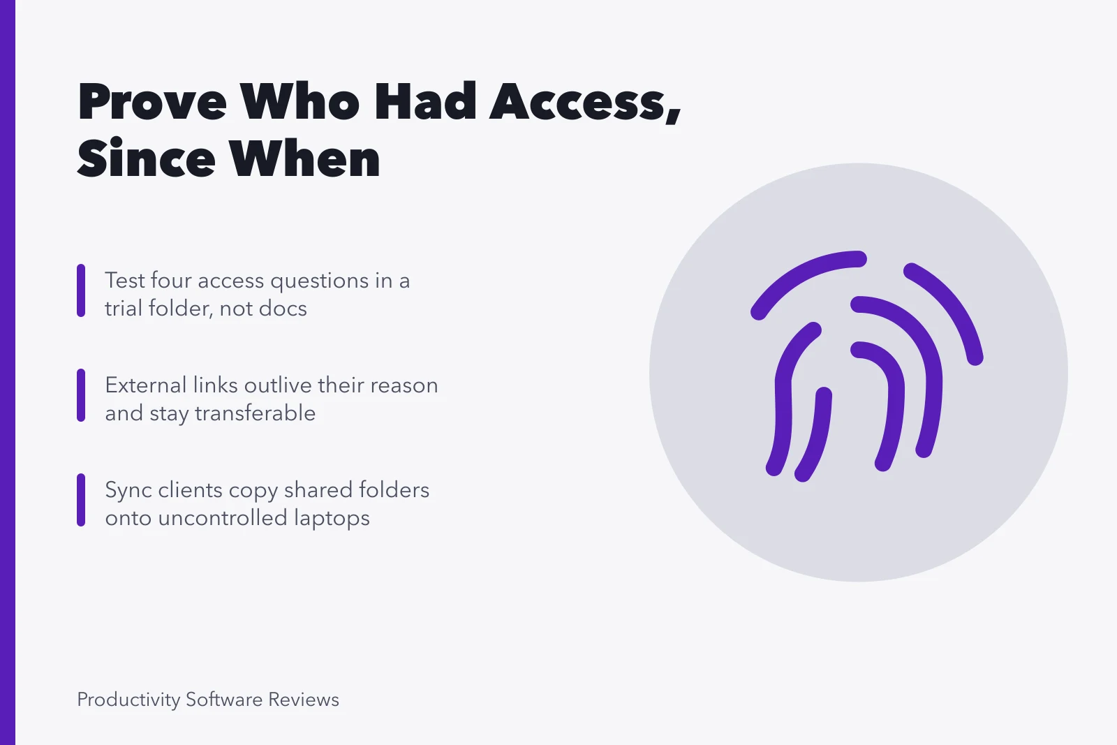 Card on proving file access, external link exposure, and sync client risk. Can your file sharing setup prove who had access, and since when?