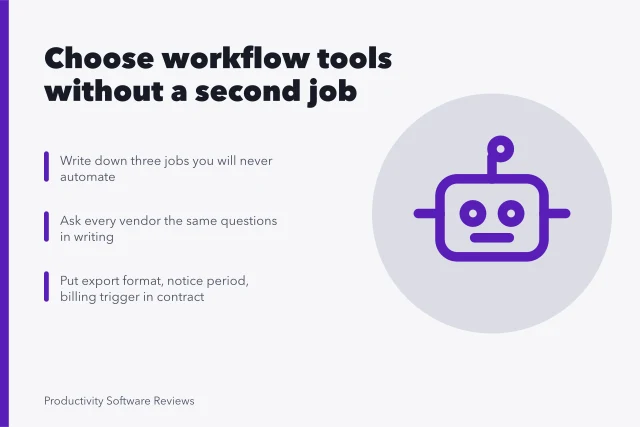 Checklist for evaluating workflow automation vendors and contracts. How to choose workflow automation tools without building a second job