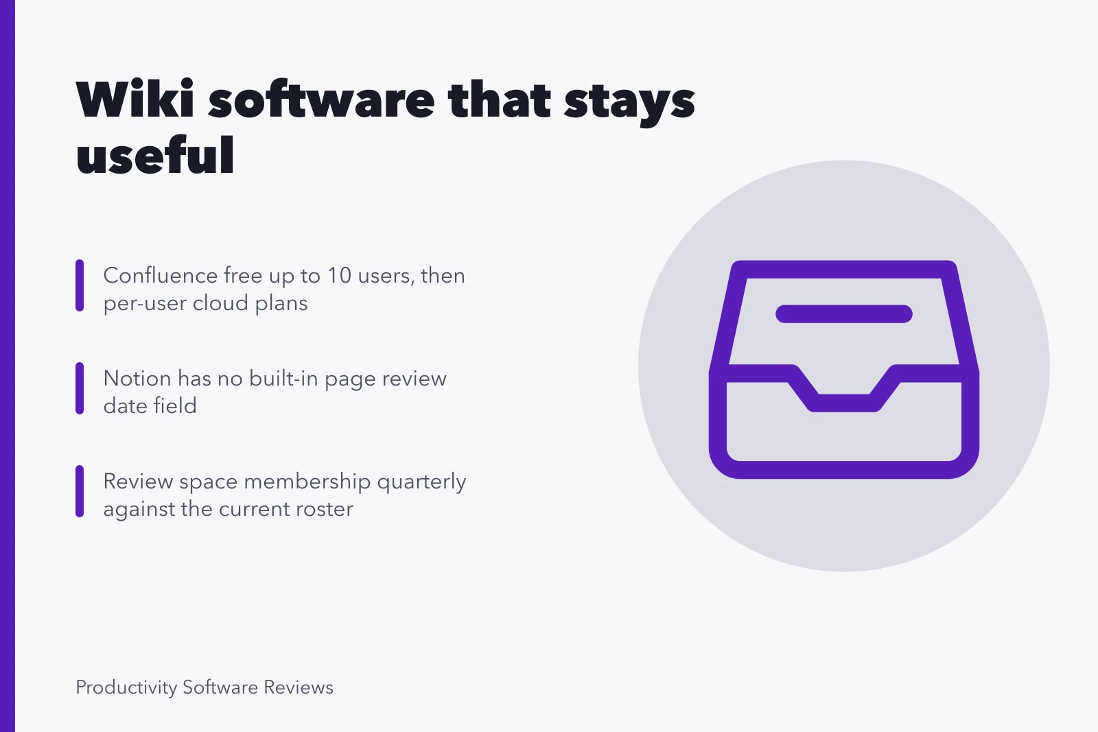 Card comparing internal wiki tools by ownership, review dates and access. Internal wiki software that stays useful after the first week