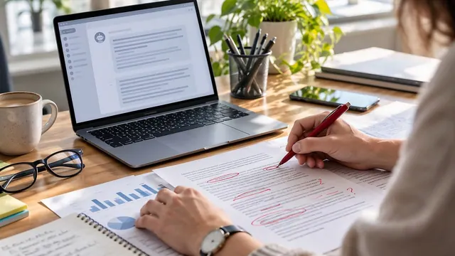 office, desk, document review, editing, laptop, paperwork, productivity, proofreading, critical thinking, technology, red pen, document, workspace, artificial intelligence, people,