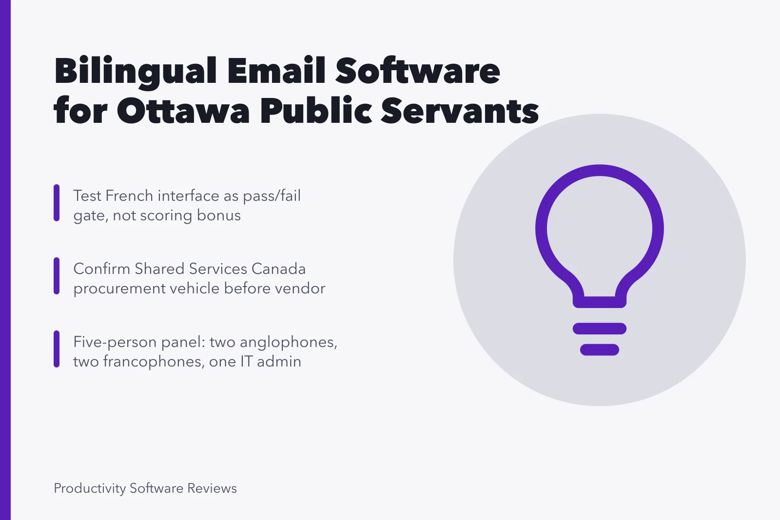 Card outlining bilingual email software testing and procurement steps for Ottawa public servants. How Ottawa public servants should choose bilingual email software