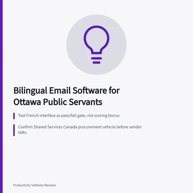 Card outlining bilingual email software testing and procurement steps for Ottawa public servants. How Ottawa public servants should choose bilingual email software