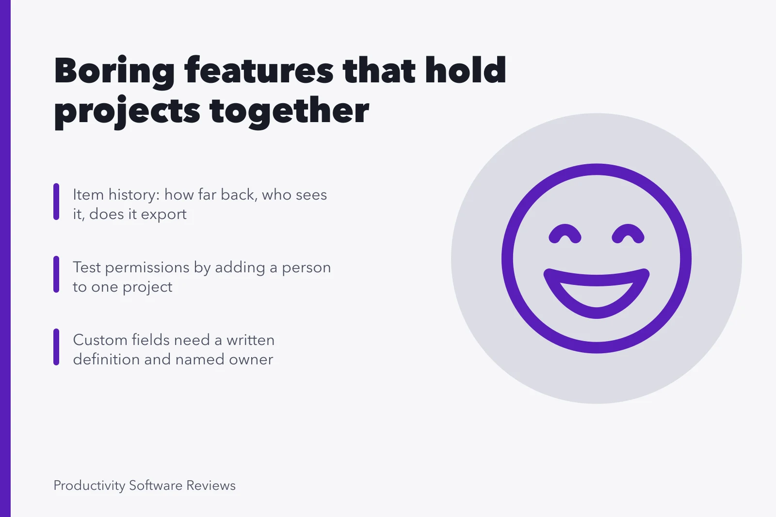 Card listing item history, permission tests, and custom field ownership rules. Project management features worth keeping are boring: history and exports