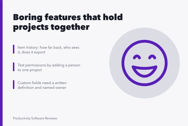 Card listing item history, permission tests, and custom field ownership rules. Project management features worth keeping are boring: history and exports
