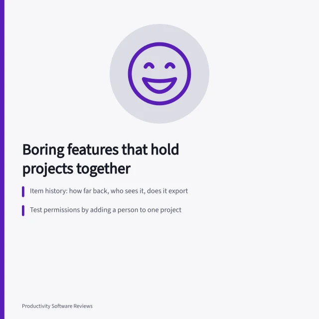 Card listing item history, permission tests, and custom field ownership rules. Project management features worth keeping are boring: history and exports