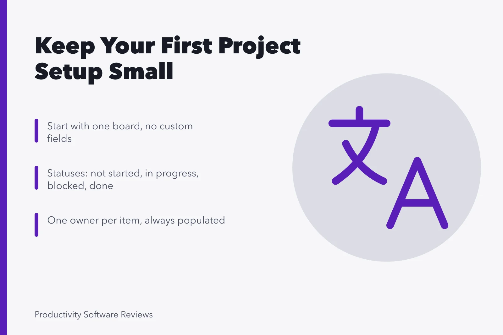 Card summarizing a deliberately small first project management setup. Why should a first project management setup stay deliberately small?
