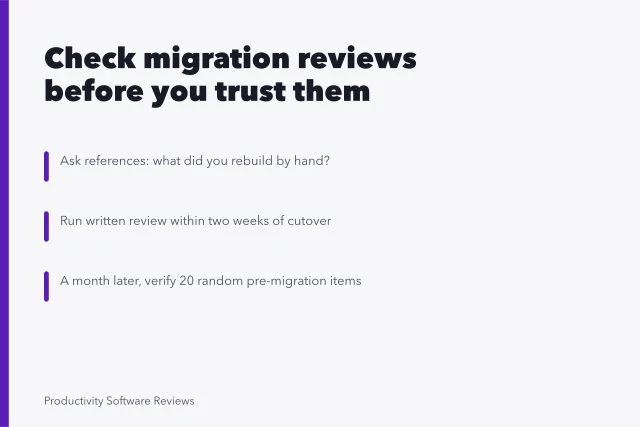 Card listing three checks for reviewing a software migration. 6 points worth checking on software migration reviews
