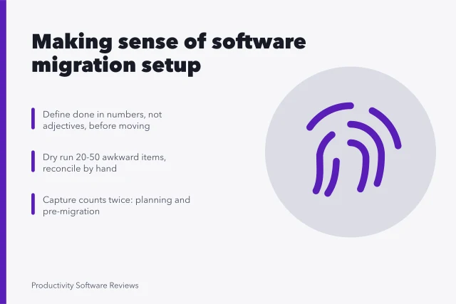 Card outlining software migration setup: acceptance criteria, dry run, reconciliation counts. Making sense of software migration setup