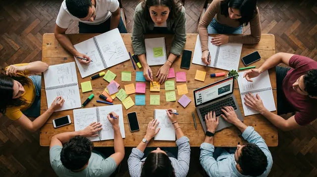 eam, workshop, office, collaboration, sticky notes, planning, strategy, brainstorming, table, overhead, people, working, laptop, notebooks, creativity, business, meeting, together,. Team collaboration pricing: plans, fees and buying questions