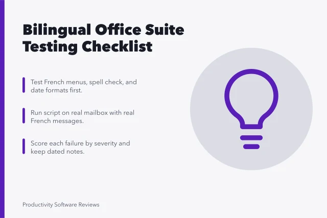 Checklist for testing bilingual email and office suites in Canada. Testing bilingual business email and office suites, a Canadian checklist